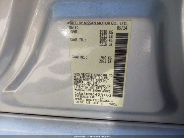 1N4AL3AP9EC423163 Nissan Altima 2.5/2.5 S/2.5 Sl/2.5 Sv