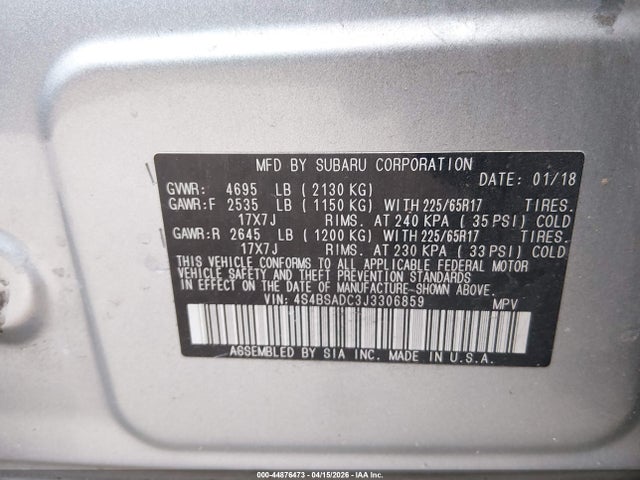 Auction sale of the 2018 Subaru Outback 2.5i Premium, vin: 4S4BSADC3J3306859, lot number: 44876473