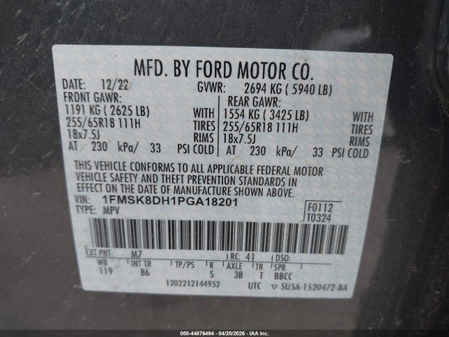 44876494 :رقم المزاد ، 1FMSK8DH1PGA18201 vin ، 2023 Ford Explorer Xlt مزاد بيع