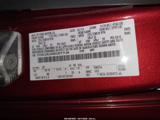 44876527 :رقم المزاد ، 1FMCU9JX0EUD71138 vin ، 2014 Ford Escape Titanium مزاد بيع