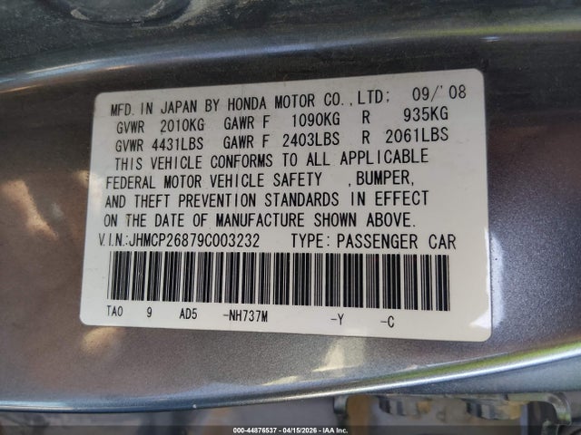 Aukcja sprzedaży 2009 Honda Accord 2.4 Ex-l, vin: JHMCP26879C003232, numer aukcji: 44876537