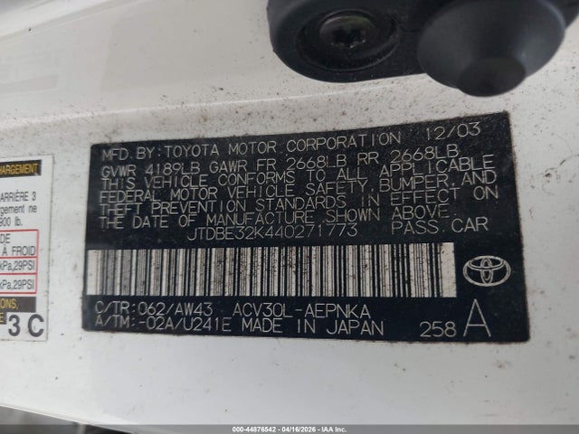 Aukcja sprzedaży 2004 Toyota Camry Le, vin: JTDBE32K440271773, numer aukcji: 44876542