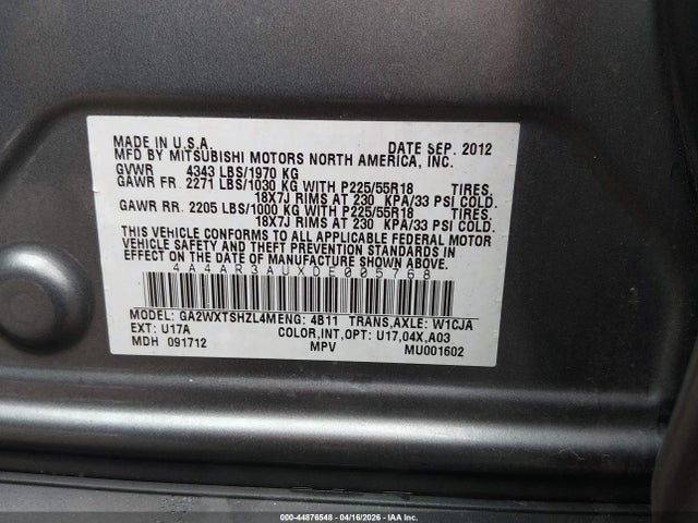 Продаж на аукціоні авто 2013 Mitsubishi Outlander Sport Es, vin: 4A4AR3AUXDE005768, номер лоту: 44876548