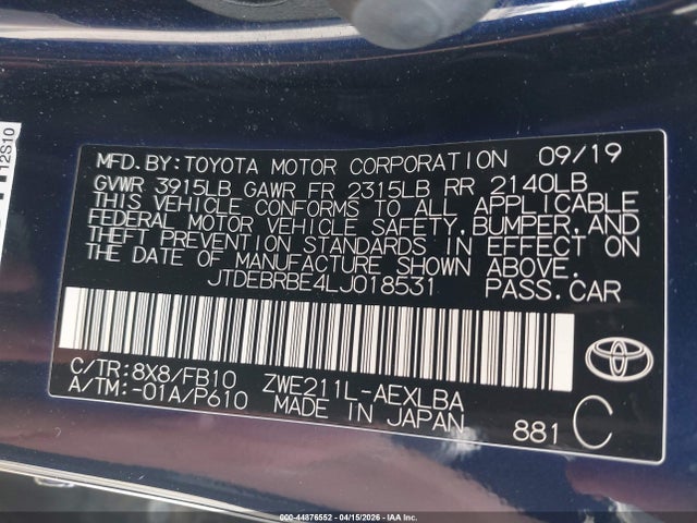 Toyota Corolla Hybrid Le 2020 JTDEBRBE4LJ018531 Image 9