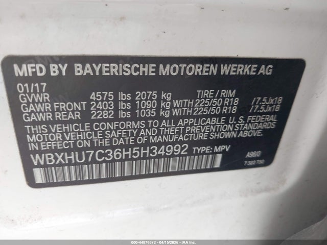 2017 Bmw X1 Sdrive28i მანქანა იყიდება აუქციონზე, vin: WBXHU7C36H5H34992, აუქციონის ნომერი: 44876572