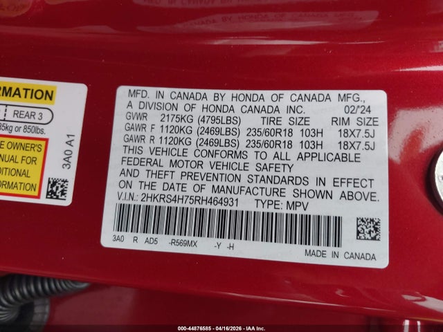 Продажа на аукционе авто 2024 Honda Cr-v Ex-l Awd, vin: 2HKRS4H75RH464931, номер лота: 44876585