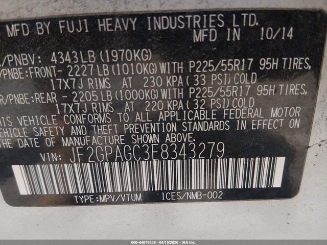 44876586 :رقم المزاد ، JF2GPAGC3E8343279 vin ، 2014 Subaru Xv Crosstrek 2.0i Limited مزاد بيع