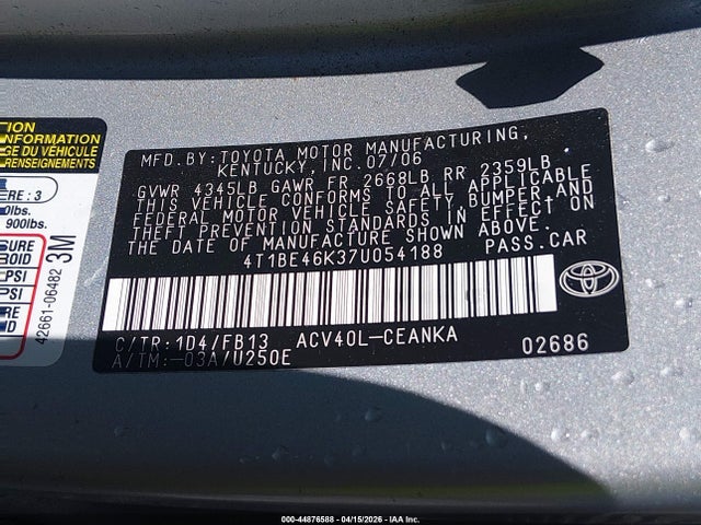 Aukcja sprzedaży 2007 Toyota Camry Le, vin: 4T1BE46K37U054188, numer aukcji: 44876588