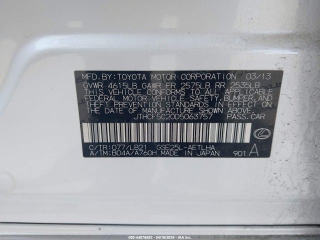 44876592 :رقم المزاد ، JTHCF5C20D5063757 vin ، 2013 Lexus Is 250 مزاد بيع