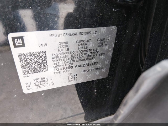 Продаж на аукціоні авто 2019 Gmc Acadia Sle-1, vin: 1GKKNRLA4KZ259483, номер лоту: 44876609