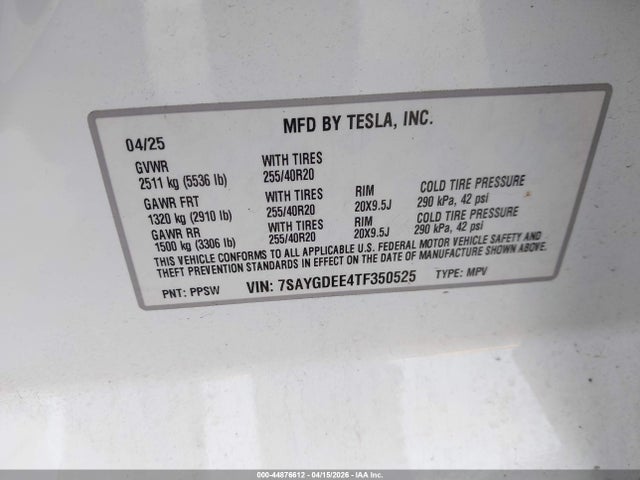 Auction sale of the 2026 Tesla Model Y All-wheel Drive/long Range Launch Series/premium All-wheel Drive, vin: 7SAYGDEE4TF350525, lot number: 44876612