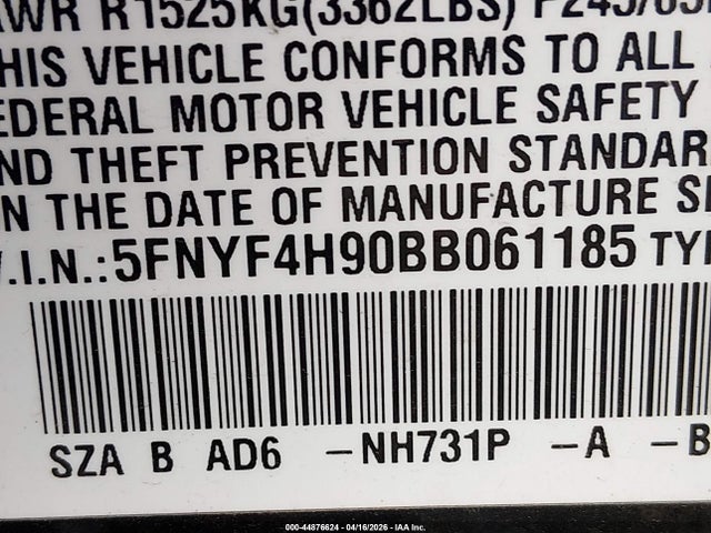 Auction sale of the 2011 Honda Pilot Touring, vin: 5FNYF4H90BB061185, lot number: 44876624