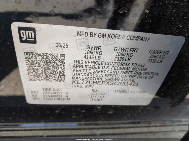 KL77LHEPXSC331421 Chevrolet Trax Fwd Lt