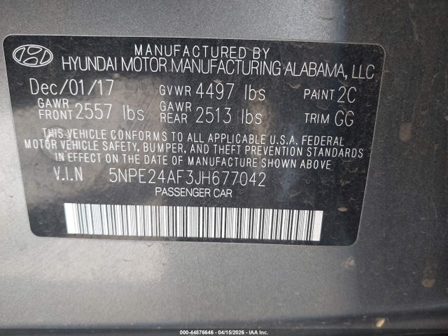 Продаж на аукціоні авто 2018 Hyundai Sonata Se, vin: 5NPE24AF3JH677042, номер лоту: 44876646