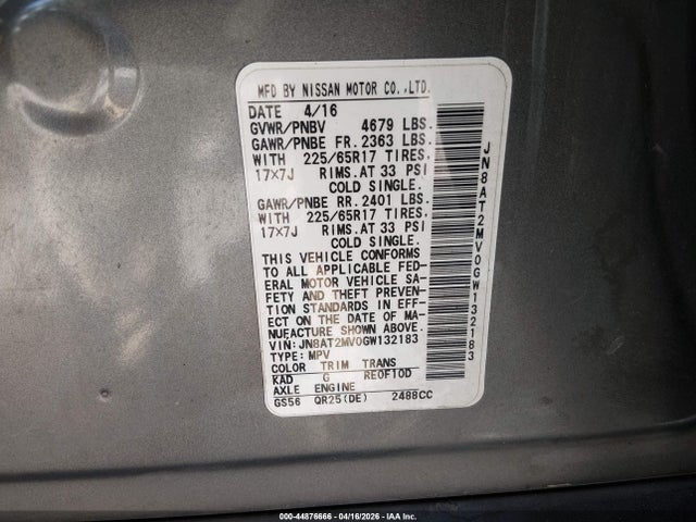 JN8AT2MV0GW132183 Nissan ROGUE S