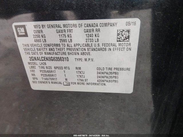 2016 CHEVROLET EQUINOX 2GNALCEK6G6356310 Photo 8