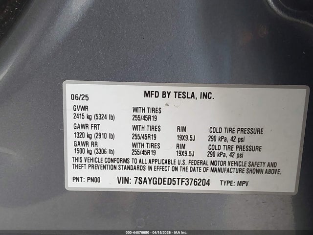 7SAYGDED5TF376204 Tesla Model Y Premium Rear-wheel Drive/standard Rear-wheel Drive