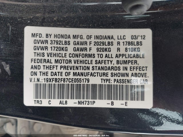 Продаж на аукціоні авто 2012 Honda Civic Ex, vin: 19XFB2F87CE055179, номер лоту: 44876692