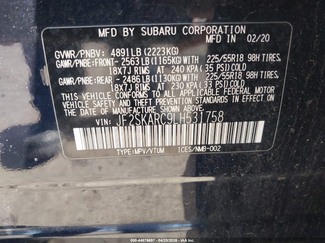 Aukcja sprzedaży 2020 Subaru Forester Sport, vin: JF2SKARC9LH531758, numer aukcji: 44876697