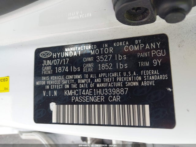 44876703 :رقم المزاد ، KMHCT4AE1HU339887 vin ، 2017 Hyundai Accent Se مزاد بيع