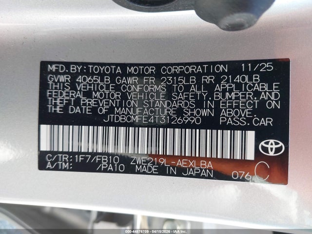 44876709 :رقم المزاد ، JTDBCMFE4T3126990 vin ، 2026 Toyota Corolla Hybrid Hybrid Le مزاد بيع