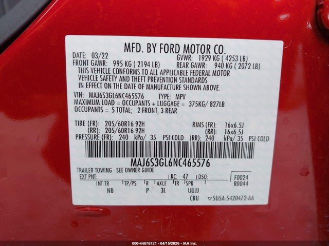 44876721 :رقم المزاد ، MAJ6S3GL6NC465576 vin ، 2022 Ford Ecosport Se مزاد بيع
