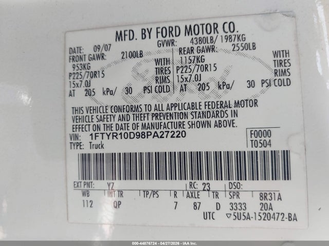2008 Ford Ranger Xl მანქანა იყიდება აუქციონზე, vin: 1FTYR10D98PA27220, აუქციონის ნომერი: 44876724