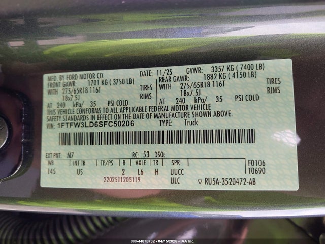 Aukcja sprzedaży 2025 Ford F-150 Xlt, vin: 1FTFW3LD6SFC50206, numer aukcji: 44876732