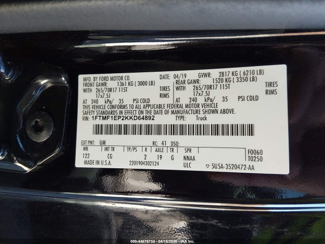 2019 Ford F-150 Xl მანქანა იყიდება აუქციონზე, vin: 1FTMF1EP2KKD64892, აუქციონის ნომერი: 44876734