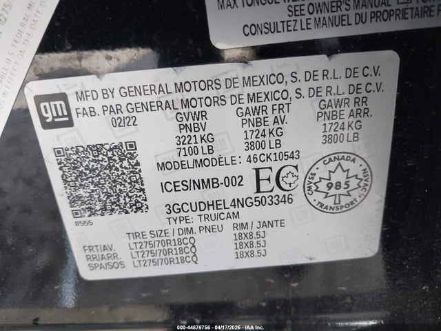 3GCUDHEL4NG503346 Chevrolet Silverado 1500 Zr2