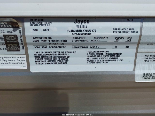 Aukcja sprzedaży 2019 Jayco Other, vin: 1UJBJ0BN8K75U0172, numer aukcji: 44876759