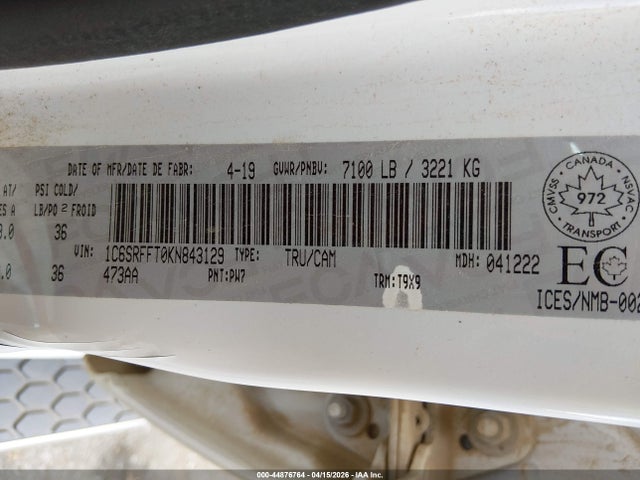 Продаж на аукціоні авто 2019 Ram 1500 Big Horn, vin: 1C6SRFFT0KN843129, номер лоту: 44876764