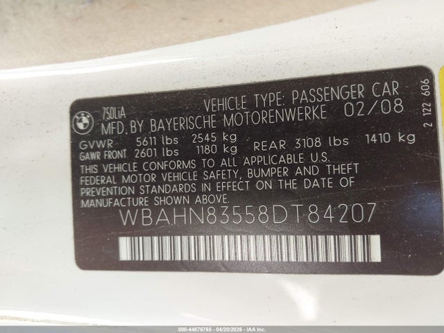 Aukcja sprzedaży 2008 Bmw 750li, vin: WBAHN83558DT84207, numer aukcji: 44876765