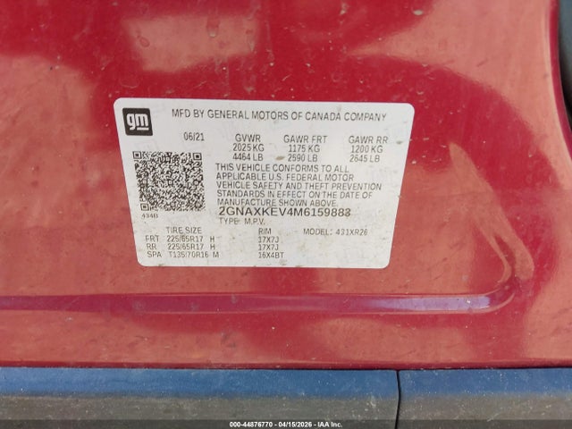 Aukcja sprzedaży 2021 Chevrolet Equinox Fwd Lt, vin: 2GNAXKEV4M6159883, numer aukcji: 44876770