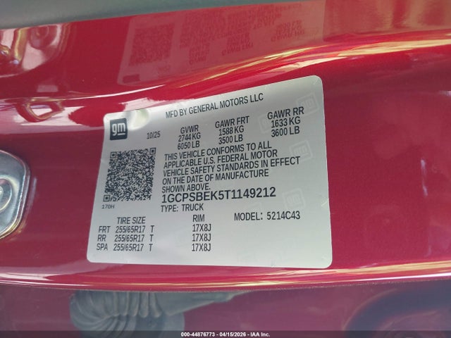 Продаж на аукціоні авто 2026 Chevrolet Colorado Wt, Rwd, vin: 1GCPSBEK5T1149212, номер лоту: 44876773