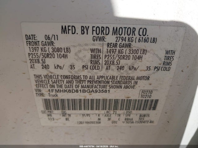 44876794 :رقم المزاد ، 1FMHK8D81BGA93581 vin ، 2011 Ford Explorer Xlt مزاد بيع