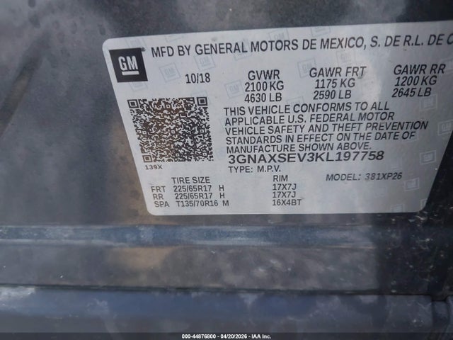 2019 Chevrolet Equinox Ls მანქანა იყიდება აუქციონზე, vin: 3GNAXSEV3KL197758, აუქციონის ნომერი: 44876800