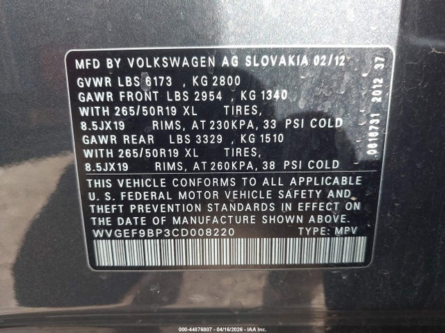Продажа на аукционе авто 2012 Volkswagen Touareg Vr6 Lux, vin: WVGEF9BP3CD008220, номер лота: 44876807