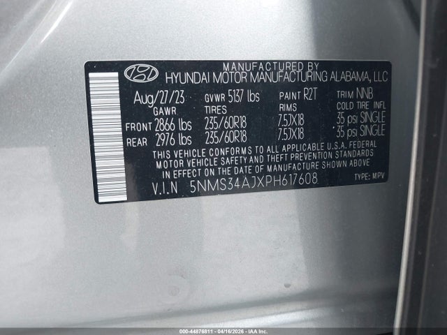 Aukcja sprzedaży 2023 Hyundai Santa Fe Sel, vin: 5NMS34AJXPH617608, numer aukcji: 44876811