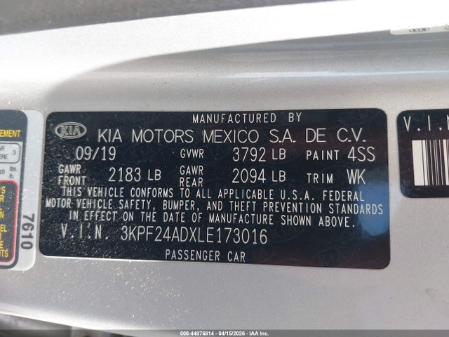 Продажа на аукционе авто 2020 Kia Forte Lxs, vin: 3KPF24ADXLE173016, номер лота: 44876814