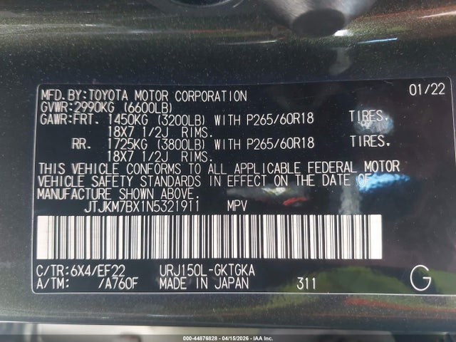 Aukcja sprzedaży 2022 Lexus Gx 460, vin: JTJKM7BX1N5321911, numer aukcji: 44876828