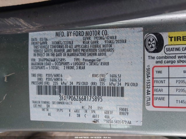 Продажа на аукционе авто 2006 Ford Fusion S, vin: 3FAFP06Z66R175895, номер лота: 44876830