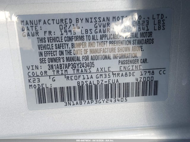 3N1AB7AP3GY243405 Nissan Sentra Fe+ S/s/sl/sr/sv