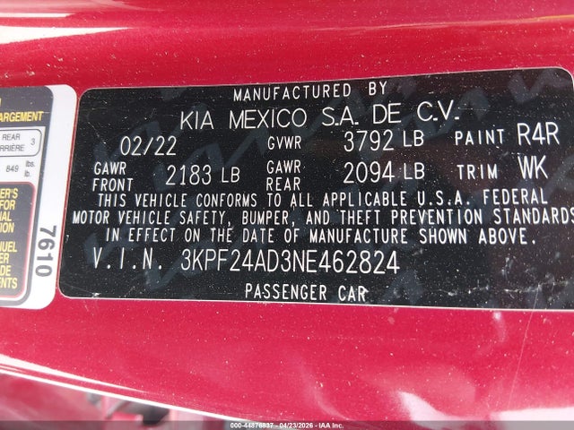 44876837 :رقم المزاد ، 3KPF24AD3NE462824 vin ، 2022 Kia Forte Lxs مزاد بيع