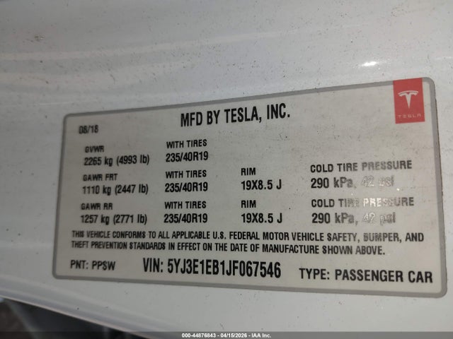 Продаж на аукціоні авто 2018 Tesla Model 3 Long Range/performance, vin: 5YJ3E1EB1JF067546, номер лоту: 44876843