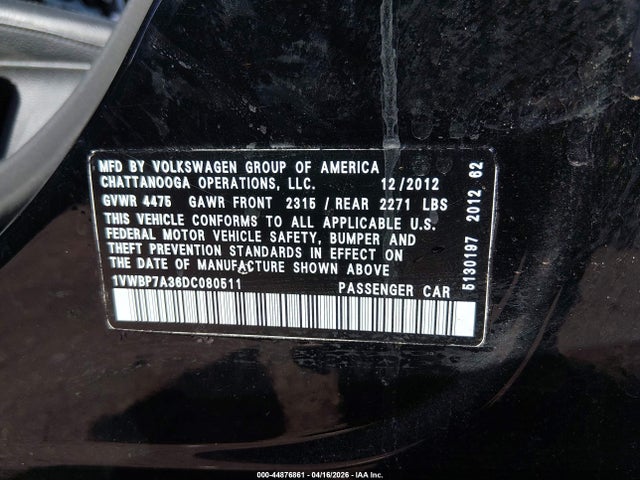 2013 Volkswagen Passat 2.5l Se მანქანა იყიდება აუქციონზე, vin: 1VWBP7A36DC080511, აუქციონის ნომერი: 44876861