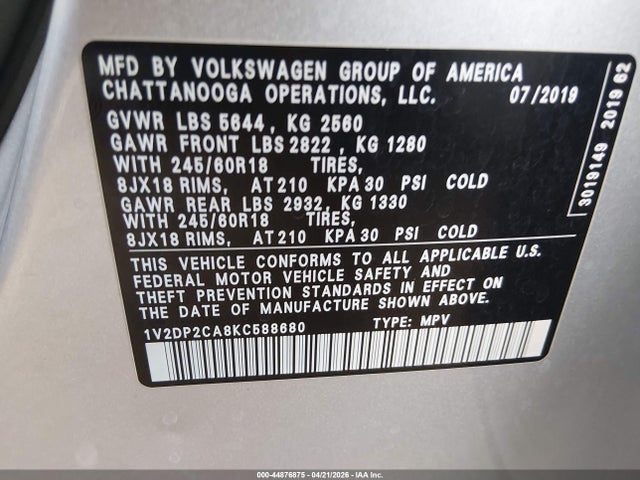 Auction sale of the 2019 Volkswagen Atlas 2.0t Se, vin: 1V2DP2CA8KC588680, lot number: 44876875