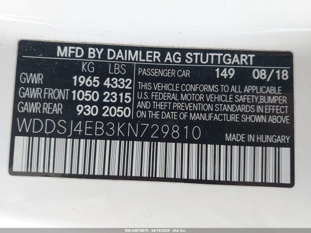 Aukcja sprzedaży 2019 Mercedes-benz Cla 250, vin: WDDSJ4EB3KN729810, numer aukcji: 44876876