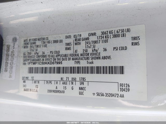 44876877 :رقم المزاد ، 1FTMF1C50KKD07995 vin ، 2019 Ford F-150 Xl مزاد بيع