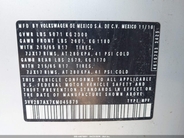 2019 Volkswagen Tiguan 2.0t Se/2.0t Sel/2.0t Sel R-line/2.0t Sel R-line Black მანქანა იყიდება აუქციონზე, vin: 3VV2B7AX7KM045879, აუქციონის ნომერი: 44876891
